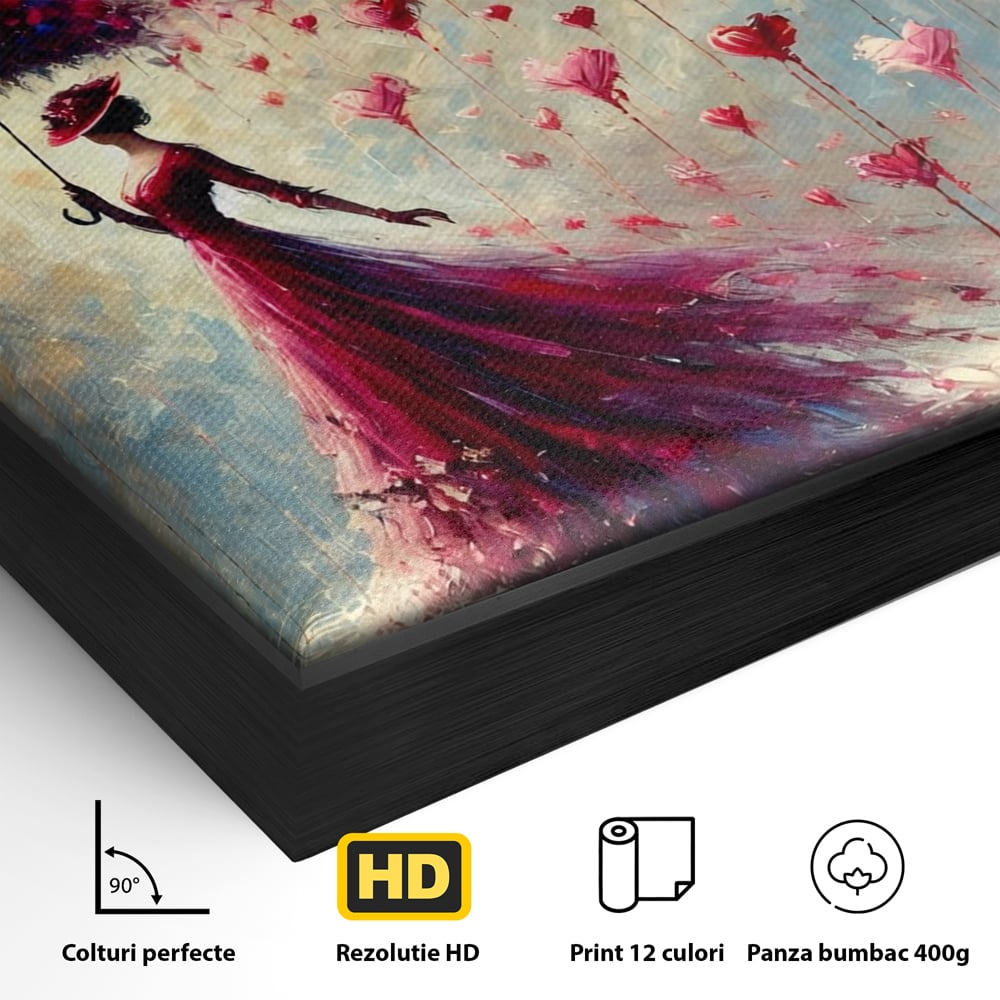 Detaliu al suprafetei: tablou canvas cu femeie in rochie rosie, in rama de aluminiu negru